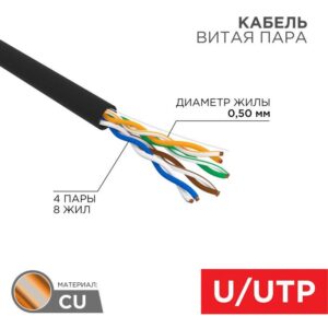 Кабель витая пара U/UTP кат.5E 4х2х24AWG solid CU PE Outdoor черн. (м) Rexant 01-0045 оптом купить цена