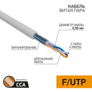 Кабель витая пара F/UTP 2х2х24AWG кат.5E solid CCA PVC сер. (м) PROCONNECT 01-0121-3 оптом купить цена