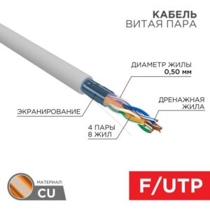 Кабель витая пара F/UTP 4х2х24AWG кат.5E solid CU PVC сер. (м) Rexant 01-0143 оптом купить цена