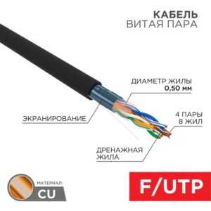 Кабель витая пара F/UTP 4х2х24AWG кат.5E solid CU PE Outdoor черн. (м) Rexant 01-0146 оптом купить цена