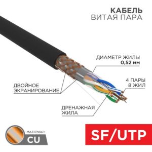 Кабель витая пара SF/UTP кат.5E 4х2х0.51 медь наружн. прокл. черн. (м) Rexant 01-0344 оптом купить цена