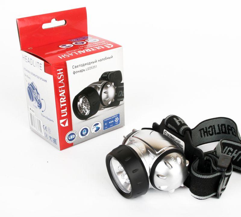 Фонарь налобный LED 5351 7LED 3 режима 3хR03 металлик Ultraflash 10260 купить оптом выгодно Фонарь налобный LED 5351 7LED 3 режима 3хR03 металлик Ultraflash 10260 оптом купить цена