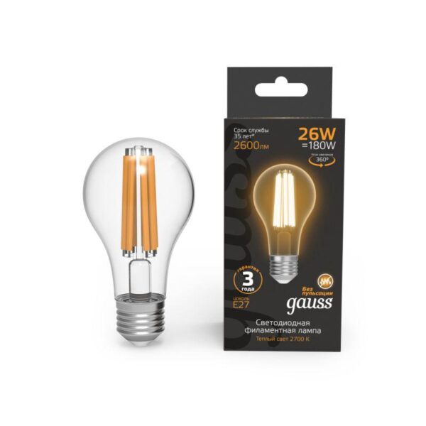 Лампа светодиодная филаментная Black Filament 26Вт A70 грушевидная 2700К тепл. бел. E27 2600лм GAUSS 102902126 оптом купить цена