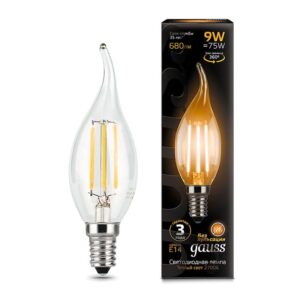 Лампа светодиодная филаментная Black Filament 9Вт свеча на ветру 2700К тепл. бел. E14 680лм GAUSS 104801109 оптом купить цена