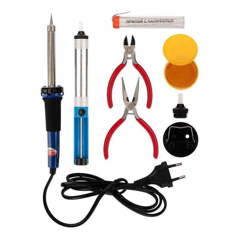 Набор для пайки №13 (паяльник 30Вт подставка губка для удаления припоя канифоль припой) Rexant 12-0166 купить оптом выгодно Набор для пайки №13 (паяльник 30Вт подставка губка для удаления припоя канифоль припой) Rexant 12-0166 оптом купить цена