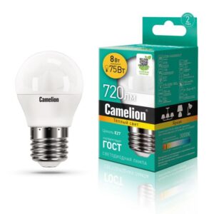 Лампа светодиодная LED8-G45/830/E27 8Вт шар 3000К тепл. бел. E27 720лм 170-265В Camelion 12392 оптом купить цена