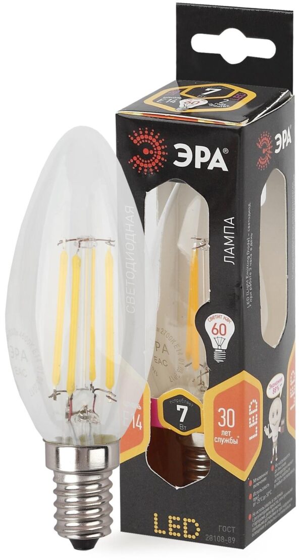 Лампочка светодиодная ЭРА F-LED B35-7W-827-E14 Е14 / Е14 7Вт филамент свеча теплый белый свет купить оптом недорого