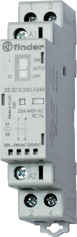 Контактор модульный 2NO 25А AgSnO2 230В AC/DC 17.5мм IP20 опции: переключатель Авто-Вкл-Выкл + мех. индикатор + LED FINDER 223202304340 купить оптом выгодно Контактор модульный 2NO 25А AgSnO2 230В AC/DC 17.5мм IP20 опции: переключатель Авто-Вкл-Выкл + мех. индикатор + LED FINDER 223202304340 оптом купить цена