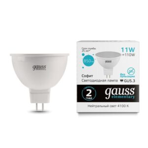 Лампа светодиодная Elementary 11Вт MR16 софит 4100К нейтр. бел. GU5.3 850лм GAUSS 13521 оптом купить цена