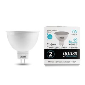 Лампа светодиодная Elementary 7Вт MR16 софит 4100К нейтр. бел. GU5.3 550лм GAUSS 13527 оптом купить цена