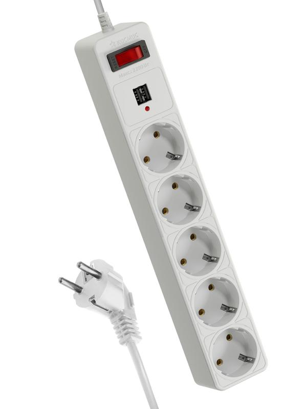 Удлинитель с сетевым фильтром 5х3м с заземл. 10А IP20 2.2кВт 2хUSB 3х0.75 с предохранителем КОСМОС FKsm3m-5g(W)USB купить оптом выгодно Удлинитель с сетевым фильтром 5х3м с заземл. 10А IP20 2.2кВт 2хUSB 3х0.75 с предохранителем КОСМОС FKsm3m-5g(W)USB оптом купить цена