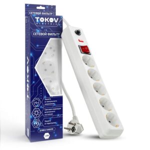 Удлинитель с сетевым фильтром 5х1.8м с заземл. с выкл. 16А с защ. от скачков напр. и перегрузок 3х1 бел. TOKOV ELECTRIC TKE-C01-SF5-1.8-ZV оптом купить цена