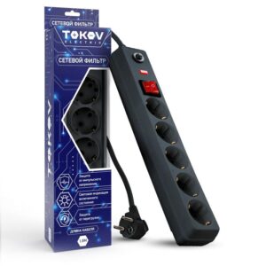 Удлинитель с сетевым фильтром 5х1.8м с заземл. с выкл. 16А с защ. от скачков напр. и перегрузок 3х1 сер. TOKOV ELECTRIC TKE-C06-SF5-1.8-ZV оптом купить цена