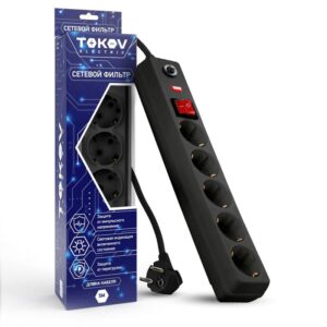 Удлинитель с сетевым фильтром 5х5м с заземл. с выкл. 16А с защ. от скачков напр. и перегрузок 3х1 черн. TOKOV ELECTRIC TKE-C05-SF5-5-ZV оптом купить цена