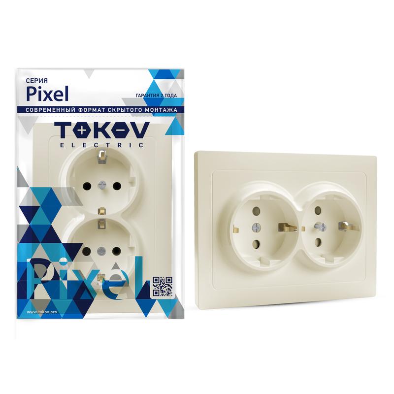 Розетка 2-м СП Pixel 16А IP20 с заземл. защ. шторки в сборе беж. TOKOV ELECTRIC TKE-PX-R2FZSF-C02 купить оптом выгодно Розетка 2-м СП Pixel 16А IP20 с заземл. защ. шторки в сборе беж. TOKOV ELECTRIC TKE-PX-R2FZSF-C02 оптом купить цена