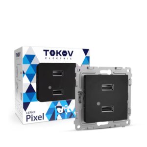 Розетка 2-м USB СП Pixel тип A+A 5В 1х2.1А 2х1.05А механизм карбон TOKOV ELECTRIC TKE-PX-2USB-C14 оптом купить цена