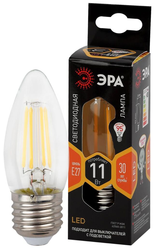 Лампочка светодиодная ЭРА F-LED B35-11W-827-E27 Е27 / Е27 11Вт филамент свеча теплый белый свет оптом купить хорошая цена Лампочка светодиодная ЭРА F-LED B35-11W-827-E27 Е27 / Е27 11Вт филамент свеча теплый белый свет купить оптом недорого