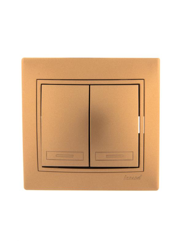 Выключатель 2-кл. СП Mira 10А IP20 со вставкой зол. метал. LEZARD 701-1313-101 купить оптом выгодно Выключатель 2-кл. СП Mira 10А IP20 со вставкой зол. метал. LEZARD 701-1313-101 оптом купить цена