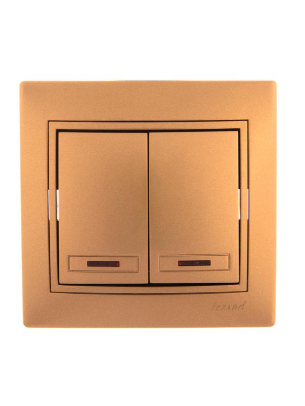 Выключатель 2-кл. СП Mira 10А IP20 с подсветкой со вставкой зол. метал. LEZARD 701-1313-112 купить оптом выгодно Выключатель 2-кл. СП Mira 10А IP20 с подсветкой со вставкой зол. метал. LEZARD 701-1313-112 оптом купить цена