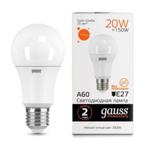 Лампа светодиодная Elementary 20Вт A60 грушевидная 3000К тепл. бел. E27 1520лм GAUSS 23219 оптом купить цена