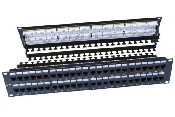 Патч-панель PP3-19-48-8P8C-C6-110D 19дюйм 2U 48 портов RJ45 кат.6 Dual IDC ROHS черн. (задн. каб. организат. в компл.) Hyperline 246108 оптом купить цена