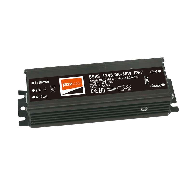 Блок питания для светодиодной ленты 60Вт 5А 12В IP67 BSPS влагозащ. метал. JazzWay 3329273A купить оптом выгодно Блок питания для светодиодной ленты 60Вт 5А 12В IP67 BSPS влагозащ. метал. JazzWay 3329273A оптом купить цена