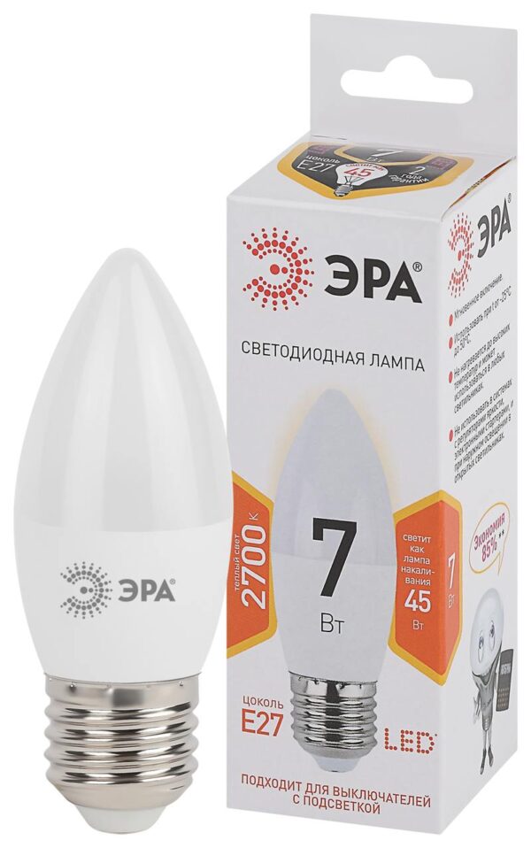 Лампочка светодиодная ЭРА STD LED B35-7W-827-E27 E27 / Е27 7Вт свеча теплый белый свет купить оптом недорого