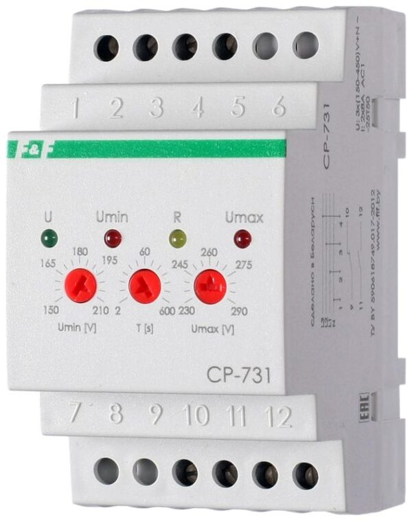 Реле напряжения CP-731 (трехфазный; микропроцессорный; контроль верхнего и нижнего значений напряжения; контроль асимметрии; чередования фаз; монтаж на DIN-рейке 35мм 3х400/230+N 2х8А 1Z 1R IP20) F&F EA04.009.005 оптом купить цена