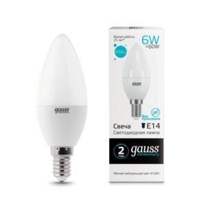 Лампа светодиодная Elementary 6Вт свеча 4100К нейтр. бел. E14 450лм GAUSS 33126 оптом купить цена