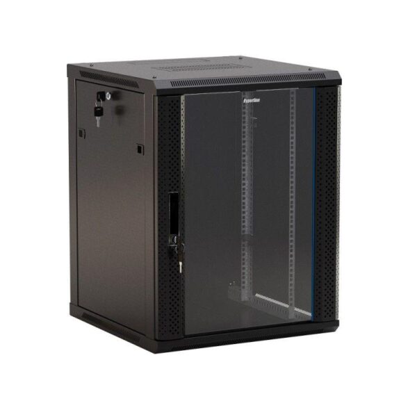 Шкаф настенный TWB-1245-GP-RAL9004 19дюйм 12U 650х600х450мм стеклян. дверь с перфорацией по бокам ручка с замком черн. разобранный Hyperline 392633 оптом купить цена