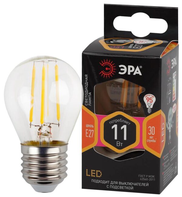 Лампочка светодиодная ЭРА F-LED P45-11W-827-E27 Е27 / Е27 11Вт филамент шар теплый белый свет купить оптом недорого