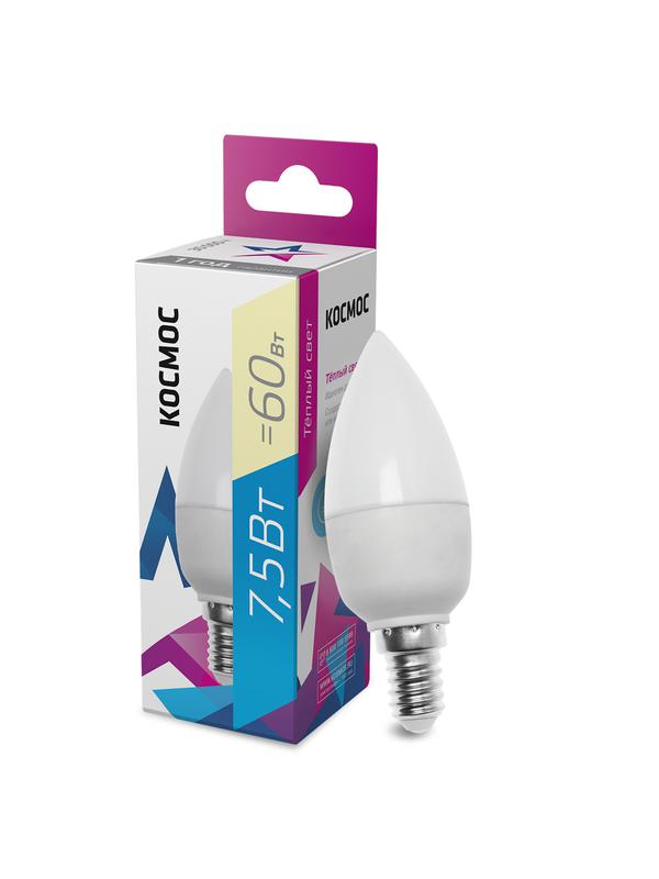 Лампа светодиодная 7.5Вт свеча 3000К тепл. бел. E14 220В КОСМОС LkecLED7.5wCNE1430 купить оптом выгодно Лампа светодиодная 7.5Вт свеча 3000К тепл. бел. E14 220В КОСМОС LkecLED7.5wCNE1430 оптом купить цена