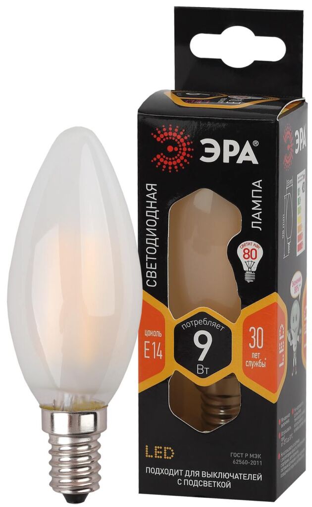 Лампочка светодиодная ЭРА F-LED B35-9w-827-E14 frost Е14 / Е14 9Вт филамент свеча матовая теплый белый свет оптом купить хорошая цена Лампочка светодиодная ЭРА F-LED B35-9w-827-E14 frost Е14 / Е14 9Вт филамент свеча матовая теплый белый свет купить оптом недорого