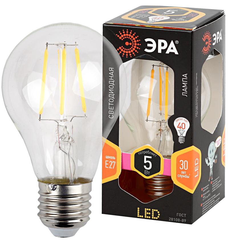 Лампочка светодиодная ЭРА F-LED A60-5W-827-E27 Е27 / Е27 5Вт филамент груша теплый белый свет оптом купить хорошая цена Лампочка светодиодная ЭРА F-LED A60-5W-827-E27 Е27 / Е27 5Вт филамент груша теплый белый свет купить оптом недорого