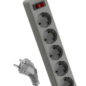 Удлинитель с сетевым фильтром 5х1.8м с заземл. 10А IP20 2.2кВт ПВС 3х0.75 с выкл. с индикатором сети сер. КОСМОС FKsm1.8m-5g(G) оптом купить цена