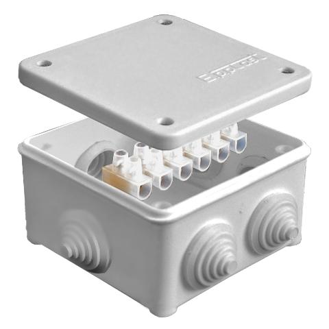 Коробка распределительная ОП 85х85х45мм IP54 с клемм. 7 выходов 3 гермоввода 10А 6 контактов крышка на винтах сер. Epplast 130114 купить оптом выгодно Коробка распределительная ОП 85х85х45мм IP54 с клемм. 7 выходов 3 гермоввода 10А 6 контактов крышка на винтах сер. Epplast 130114 оптом купить цена