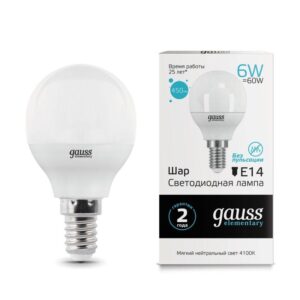 Лампа светодиодная Elementary 6Вт P45 шар 4100К нейтр. бел. E14 450лм GAUSS 53126 оптом купить цена