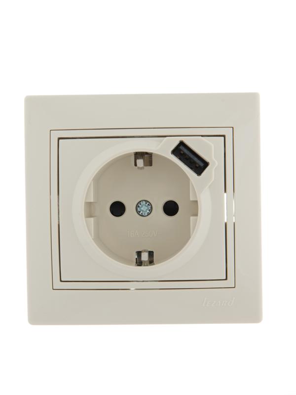 Розетка 1-м СП Mira 16А с заземл. + USB разъем крем. LEZARD 701-0303-181 купить оптом выгодно Розетка 1-м СП Mira 16А с заземл. + USB разъем крем. LEZARD 701-0303-181 оптом купить цена