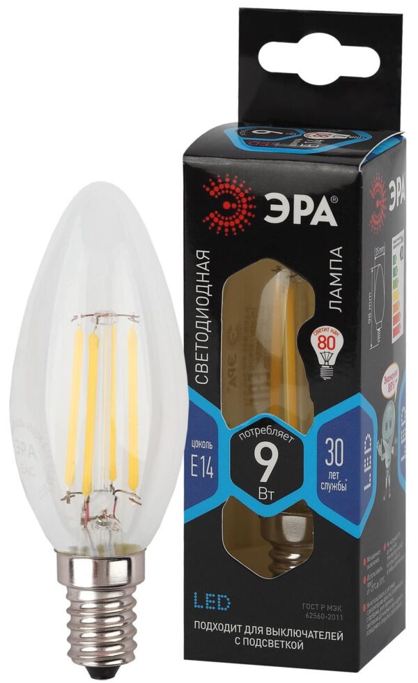 Лампочка светодиодная ЭРА F-LED B35-9w-840-E14 Е14 / Е14 9Вт филамент свеча нейтральный белый свет купить оптом недорого