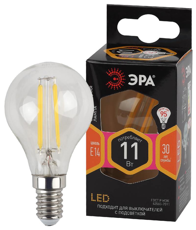 Лампочка светодиодная ЭРА F-LED P45-11W-827-E14 Е14 / Е14 11Вт филамент шар теплый белый свет оптом купить хорошая цена Лампочка светодиодная ЭРА F-LED P45-11W-827-E14 Е14 / Е14 11Вт филамент шар теплый белый свет купить оптом недорого