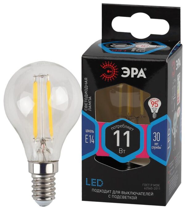 Лампочка светодиодная ЭРА F-LED P45-11W-840-E14 Е14 / Е14 11Вт филамент шар нейтральный белый свет купить оптом недорого