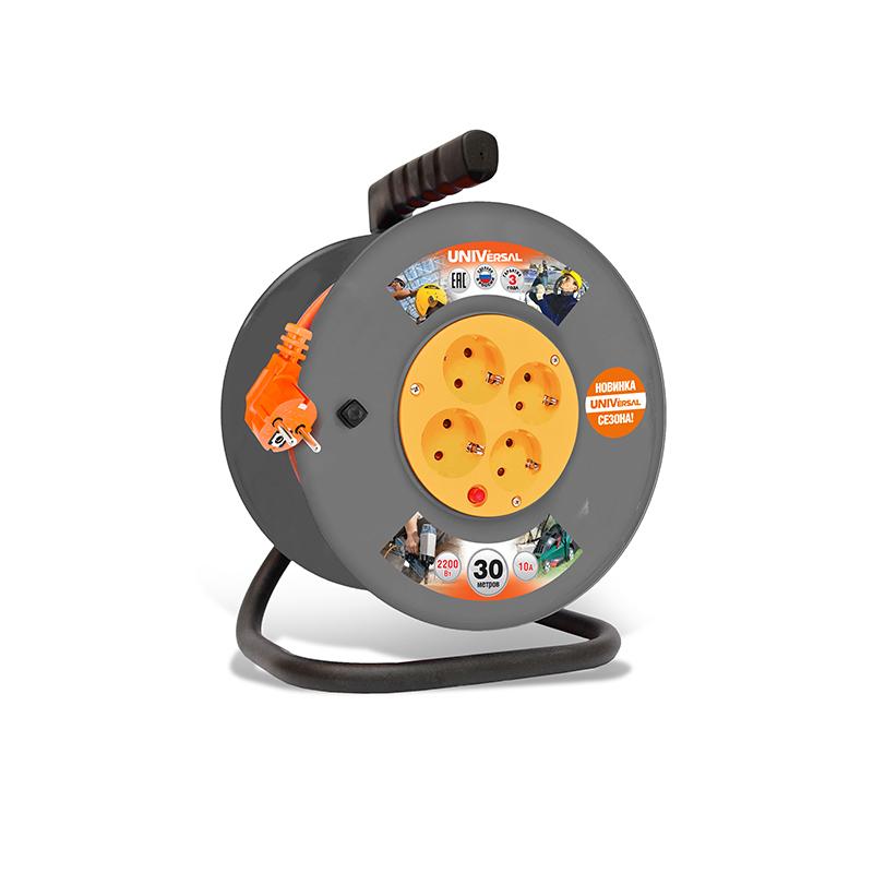 Удлинитель на катушке 4х30м с заземл. 6А IP44 ВЕМ-250 ПВС 3х0.75 термозащита защ. шторки UNIVersal 1680 купить оптом выгодно Удлинитель на катушке 4х30м с заземл. 6А IP44 ВЕМ-250 ПВС 3х0.75 термозащита защ. шторки UNIVersal 1680 оптом купить цена