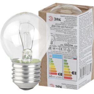 Лампочка ЭРА P45 60Вт Е27 / E27 230В шар прозрачный в гофре купить оптом недорого