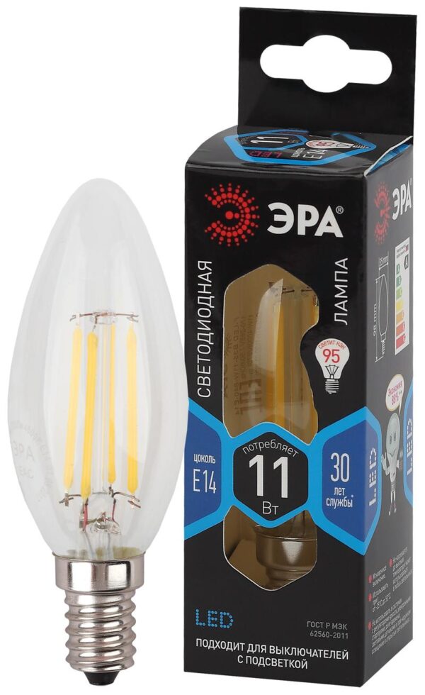 Лампочка светодиодная ЭРА F-LED B35-11W-840-E14 Е14 / Е14 11Вт филамент свеча нейтральный белый свет купить оптом недорого