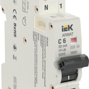 Выключатель автоматический дифференциального тока 2п (1P+N) C 6А 30мА тип AC АВДТ B06S 18мм ARMAT IEK AR-B06S-1N-C06C030 оптом купить цена