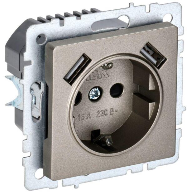 Розетка BRITE РЮш10-1-БрШ 16А с USB A+A 2.1А с заземл. защ. шторки шампань IEK BR-R14-16-U21-D21-K37 оптом купить цена