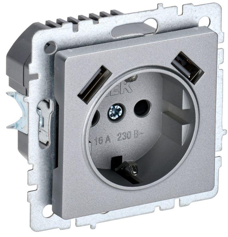 Розетка BRITE РЮш10-1-БрА 16А с USB A+A 2.1А с заземл. защ. шторки алюм. IEK BR-R14-16-U21-D21-K47 купить оптом выгодно Розетка BRITE РЮш10-1-БрА 16А с USB A+A 2.1А с заземл. защ. шторки алюм. IEK BR-R14-16-U21-D21-K47 оптом купить цена