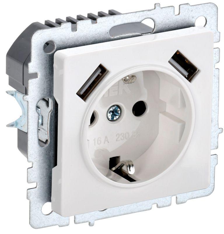 Розетка BRITE РЮш10-2-БрБ 16А с USB A+A 3.1А с заземл. защ. шторки бел. IEK BR-R14-16-U21-D31-K01 купить оптом выгодно Розетка BRITE РЮш10-2-БрБ 16А с USB A+A 3.1А с заземл. защ. шторки бел. IEK BR-R14-16-U21-D31-K01 оптом купить цена