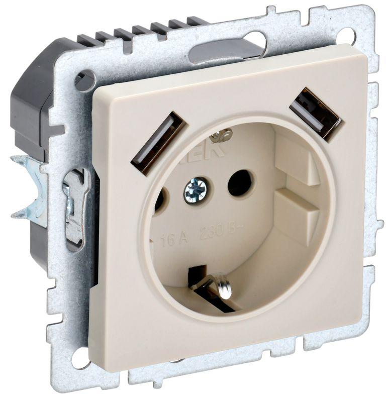 Розетка BRITE РЮш10-2-БрКр 16А с USB A+A 3.1А с заземл. защ. шторки беж. IEK BR-R14-16-U21-D31-K10 купить оптом выгодно Розетка BRITE РЮш10-2-БрКр 16А с USB A+A 3.1А с заземл. защ. шторки беж. IEK BR-R14-16-U21-D31-K10 оптом купить цена