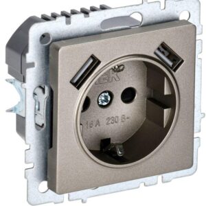 Розетка BRITE РЮш10-2-БрШ 16А с USB A+A 3.1А с заземл. защ. шторки шампань IEK BR-R14-16-U21-D31-K37 оптом купить цена